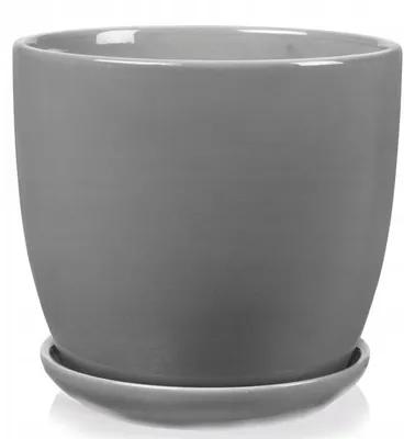 Immagine prodotto di Vaso da fiori in Vetroceramica con sottovaso, 13 cm, rotondo, grigio, smaltato, con foro di drenaggio, resistente al gelo