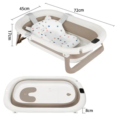 Immagine prodotto di Vaschetta da bagno pieghevole per bambini - Vaschetta da bagno - Con tappetino antiscivolo - Attacco per tubo flessibile doccia - Termometro integrato - Portatile, ideale per neonati e bambini piccoli - Colore marrone cioccolato