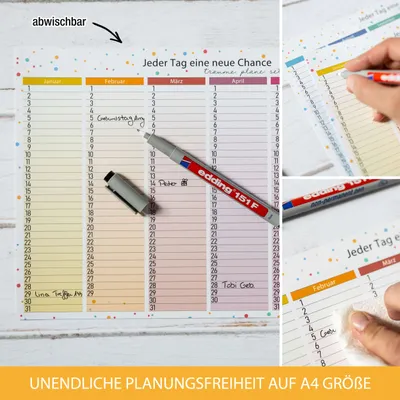 Produktbild von Immerwährender DIN A4 Tafelkalender - Abwischbar, wiederbeschreibbar inkl. 1 Stift | Geburtstagskalender Jahresunabhängig beidseitig bedruckt | Bunte Dots Design