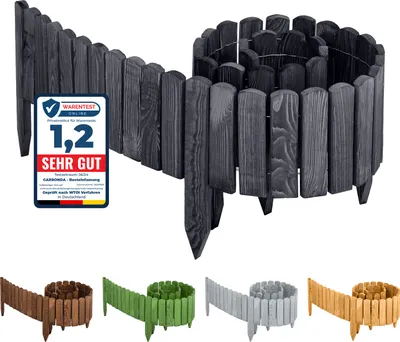 A dark gray wooden garden border fence is shown coiled and uncoiled, with smaller examples in brown, green, gray, and orange shown below. A 'Warentest' badge is present on the left.