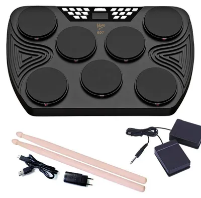 Produktbild von V-TONE ED7: Tragbares elektronisches Schlagzeug mit USB-C und Bluetooth, ausgestattet mit 7 Pads, Pedalen, Sticks und integrierten Lautsprechern