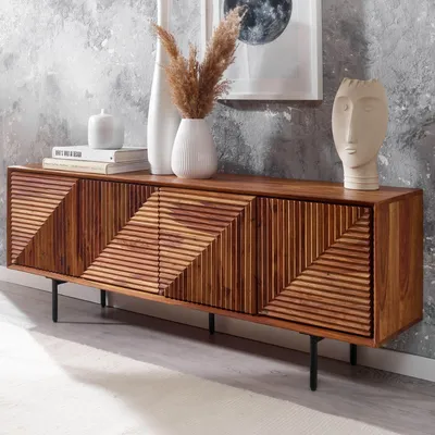 Immagine prodotto di Credenza FineBuy in legno massello di sheesham da 140 cm con 4 ante  - Credenza retrò in legno massello con gambe nere - Credenza dal design naturale - Realizzata a mano in stile industriale