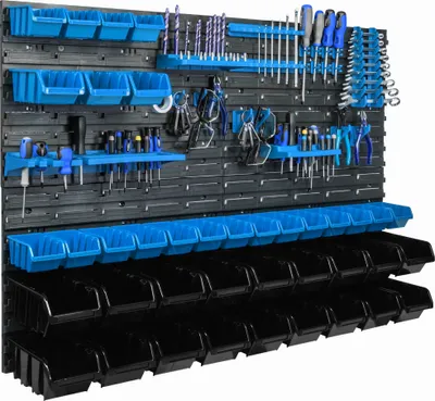 Zdjęcie produktu dla Wiszący panel narzędziowy 115x78cm z 39 szt. Montowane na ścianie niebieskie skrzynki z zestawem plastikowych uchwytów