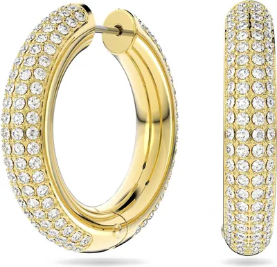 A pair of gold-colored hoop earrings encrusted with clear crystals, displayed against a white background.