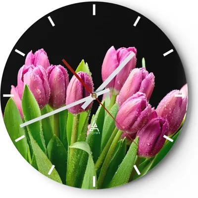 Produktbild von Wanduhr - Rund - Glasuhr - Tulpen Blumenstrauß Tau Tropfen - 40x40cm - Schleichendes Uhrwerk - Lautlos - zum Aufhängen bereit - Dekoration Modern - Wanddekoration aus Glas - C3AR40x40-2486