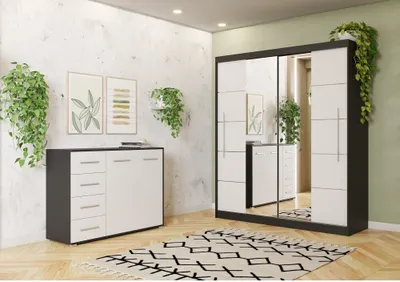 Produktbild von 2er-Set Schwebetürenschrank mit zwei Spiegeln und Zierleisten Schwarz/Weiß mit Led Beleuchtung TORINO III Kommode FRIDA 01