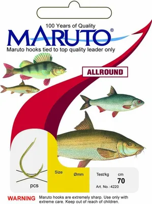 Produktbild von Maruto Allround Haken gebunden goldfarben - gebundene Angelhaken 70cm, Größe/Tragkraft/Durchmesser/Inhalt:Gr. 10/4.1kg/0.20mm/10 Haken pro Packung