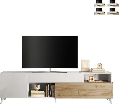Immagine prodotto di Mobile TV con 2 ante, 1 cassetto e 2 vani portaoggetti - 241 cm - Laccato bianco e colori del legno - DONALA