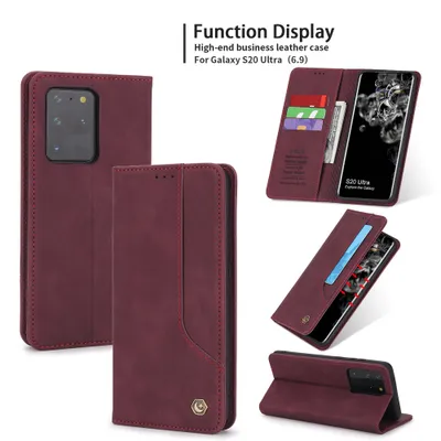 Obrázek produktu pro RetroPolyuretankožené pouzdro pro Samsung Galaxy S20 Ultra peněženkový design pouzdro s držákem na karty a stojánkem červené