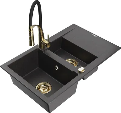 Produktbild von Mexen Gaspar 1,5-Becken-Granitspüle mit Abtropffläche und Mischbatterie Aster, Schwarz gesprenkelt - 6507-76-73450-57-G