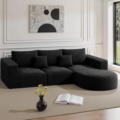 Produktbild von Hawthyhome Ecksofa Couch L-form 264x177cm Cloud-Sofa aus Cord mit zwei Kissen Montagefrei ideal für Wohn- und Schlafzimmer, rechts, schwarz