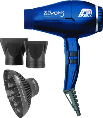 A blue Parlux hairdryer with three attachments on a white background.