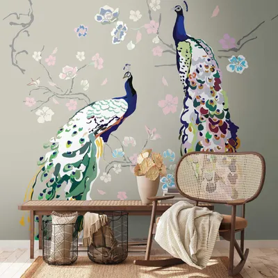 Produktbild von Vliestapete mit Pfau und Floralem Muster – grau, bunt, blau, grün, rosa, beige