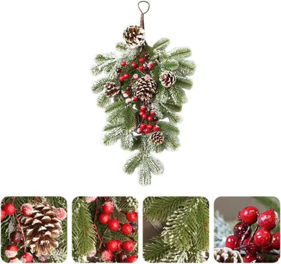 Image de Pendentifs de couronne de Noël en branches de pin artificielles pour le bricolage, branches de houx, décorations de Noël