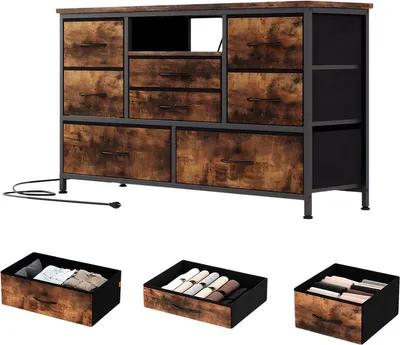 Productafbeelding van Commode met 8 lades en LED TV-meubel - metalen frame en stoffen lades - TV-kast en opbergmeubel - bruin