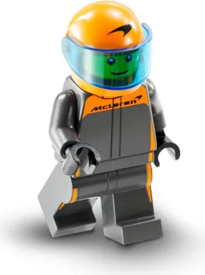 A LEGO minifigure of a race car driver wearing a McLaren racing suit and helmet.