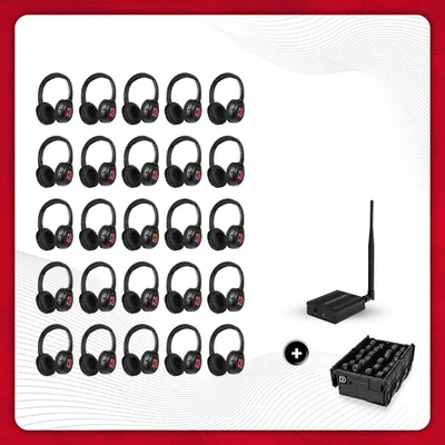 Produktbild von Dolly Digital® Silent Disco Pro Set – 25 kabellose Kopfhörer für Gruppen inklusive Sender und Aufbewahrungsbox