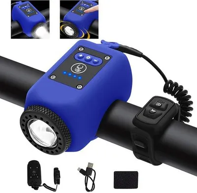 Productafbeelding van Elektrische fietsbel met 6 geluidstinten - Blauwe fietsbel - Waterdicht - Oplaadbaar via USB-C - 4 lichtstanden - Instelbaar volume - Miniatuur - Fietsaccessoire