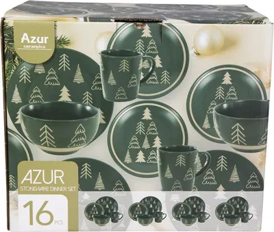 Obrázok produktu pre Geschirrset - Weihnachten - 16-teilig - dunkelgrün - Keramik
