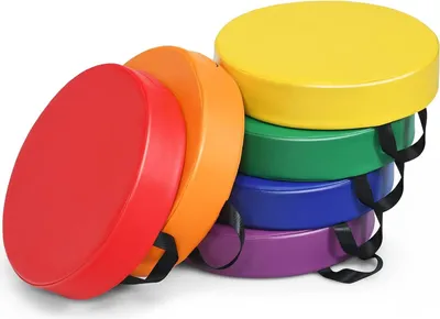 Produktbild von GOPLUS 6er Set Kinder Stuhlkissen, Bodenkissen mit Griff, Sitzkissen aus Kunstleder & Schaumstoff, Pflegeleicht, Rund / Rechteckig, Stapelbar für Leichtes Verstauen, bunt in 6 Farben (Rund)