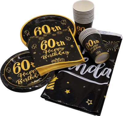Image de 60. Décorations d'anniversaire - Assiettes en carton - Serviettes - Vaisselle - Set de nappes - Vaisselle jetable de fête - Hommes - Femmes - Fête d'anniversaire 60 - Fournitures de table