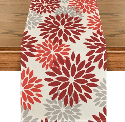 Produktbild von Tischläufer mit roten Dahlien und Herbstmotiven, saisonale Weihnachtsdekoration für den Küchentisch, für drinnen, Feiertage, Partydekoration, 40 x 240 cm