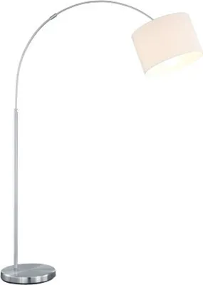 A floor lamp with a curved arm and a white lampshade.