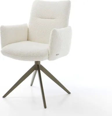 Produktbild von DELIFE Drehstuhl Jova-Flex mit Armlehnen Bouclé Weiß Kreuzgestell breit Effektfinish Titan 360° drehbar Wippfunktion Taschenfederkern