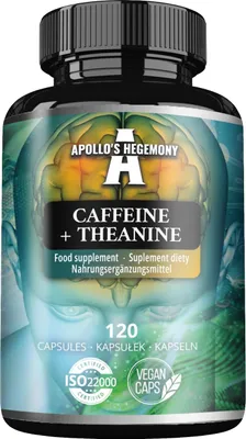 Produktbild von Koffein + Theanin 300mg pro Kapsel, Koffein wasserfrei und Grüntee-Extrakt 98%, 120 vegane Kapseln, 4 Monate Vorrat, für verbesserte Konzentration und Energie - von Apollo's Hegemony