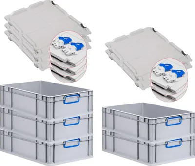 Produktbild von SuperSparSet 5x Eurobox NextGen Color mit Scharnierdeckel und Schiebeschnappverschlüssen | HxBxT 17x40x60cm | 34 Liter | Grau | Griffe blau geschlossen | Glatter Boden | Eurobehälter, Transportbox, Transportbehälter, Stapelbehälter