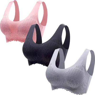 Produktbild von ASKSA Damen 3PC BH Ohne Buegel Push up Sport bhs Gepolstert Spitzen Bustier Nahtlos Stretch Bra Comfit Yoga bh, 01 Schwarz+grau+rosa, Groesse: M