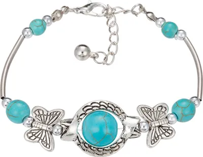 Produktbild von Schmetterlinge Dekor Verstellbares Uni-Armband Legierung handgefertigte Türkise Perlen Retro-Armband Schmuckzubehör