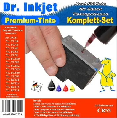 Produktbild von CR55 - 250ml Starterpack Dr. Inkjet Premium Nachfülltinte für Canondrucker mit 4 Farben - Alles drin Packung - für BCI3BK, BCI21BK, BCI24BK, PG510, PG512, PG540, PG545, PG37, PG40, PG50, BCI10, BCI11, BCI15, BJI201B, BCI6