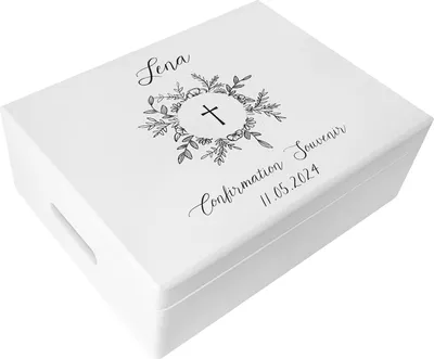 Produktbild von Creative Deco Aufbewahrungsbox Konfirmation Kreuz | Personalisierte Holzkiste mit Griffen Weiß