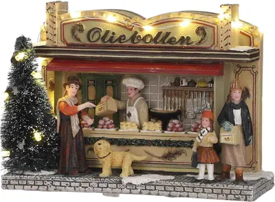 Productafbeelding van Luville Kerstdorp Miniatuur Oliebollenkraam - Kerstversiering voor Miniatuur Kerstdorp - Kerst Decoratie met LED Verlichting op Batterijen - L17 x B6 x H12 cm - Meerkleurig