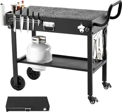 Image de SucceBuy Chariot de barbecue d'extérieur 787 x 432 mm (dimensions du plateau), table de barbecue pliable avec support pour mouchoirs, roulettes et rangement magnétique pour outils, table de préparation, chariot de service pour pique-nique et cuisine
