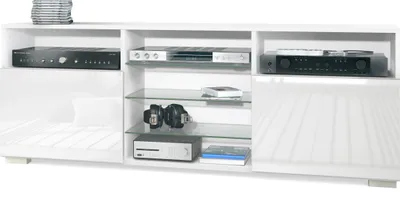 Produktbild von Vladon TV-Board Granada, Lowboard mit 2 Türen und 6 offenen Fächern, Korpus Weiß matt, Fronten in Weiß Hochglanz (146 x 54 x 35 cm)