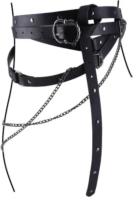 Produktbild von Leder Gürtel mit Metallkette, Verstellbar, Vintage, Western, Damen, Retro, Skinny, Schwarz