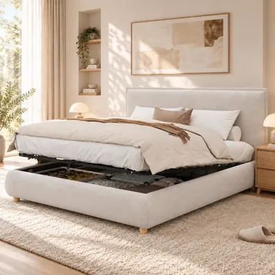 Imagen del producto de Cama hidráulica acolchada de 160x200 cm con espacio de almacenamiento, cama doble con cabecero acolchado, cama juvenil, terciopelo, color crema, Imagen generada por IA