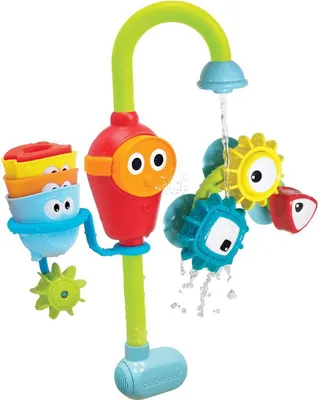 A colorful bath toy with a faucet-like spout, stacking cups, and spinning gears.