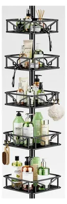Produktbild von Teleskop Duschregal Eckregal mit 5 Körben, Metall Teleskopregal für Badewanne, Duschablage ohne Bohren Höhenverstellbar 106-287 cm, Schwarz