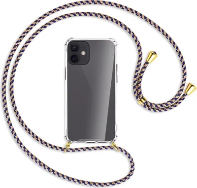 Produktbild von Handykette Backcover-Schutzhülle mit Band (Metall goldfarben) für Apple iPhone 12 Mini - blau+beige