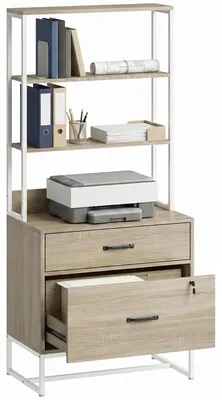 Image de Rangement de bureau avec étagère - Armoire de classement avec 2 tiroirs - Verrouillable - Pour documents A4/Letter/Legal - Avec espace pour imprimante - Bois, dimensions : 70 x 40 x 157 cm - Couleur : marron clair