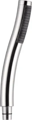 A close-up studio shot of a curved chrome and black shower head against a white background.