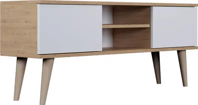 Produktbild von TV-Lowboard Fernsehtisch 120 cm in Eiche Artisan & Weiß – Soft-Close Türen, Stauraum & Kabeldurchlass – Skandinavisch Holzfüße, Holzbeine – Für Fernseher bis 50 Zoll – Micky