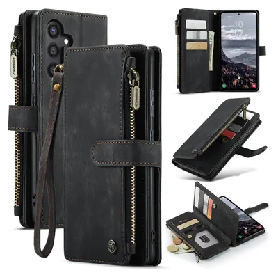 Immagine prodotto di Custodia in pelle per Samsung Galaxy S24+, custodia in Finto cuoio con cerniera, chiusura magnetica, tasca per le carte, supporto, custodia a portafoglio nera