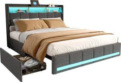 Produktbild von Moonbite Doppelbett 160x200 cm Leinen Grau mit 4 Schubladen und LED, Kopfteil mit Ablagen, USB und USB-C, Holzlattenrost