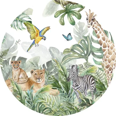 Produktbild von Sticker Kreis wilde TIERE Löwen Giraffe Zebra Papagei Schmetterling Blätter Pflanzen Wandtattoo Aufkleber 100 cm x 100 cm