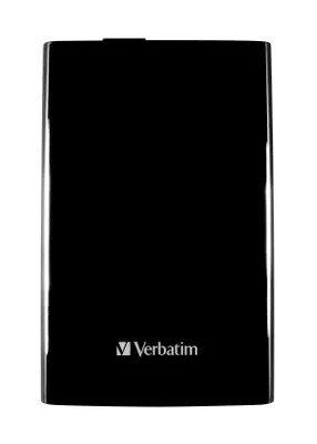 A black portable hard drive with the Verbatim logo on a white background.