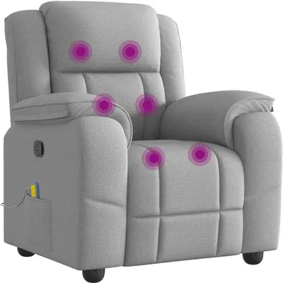 A light gray fabric massage chair is shown against a white background. Purple circles highlight areas where massage functions are located.